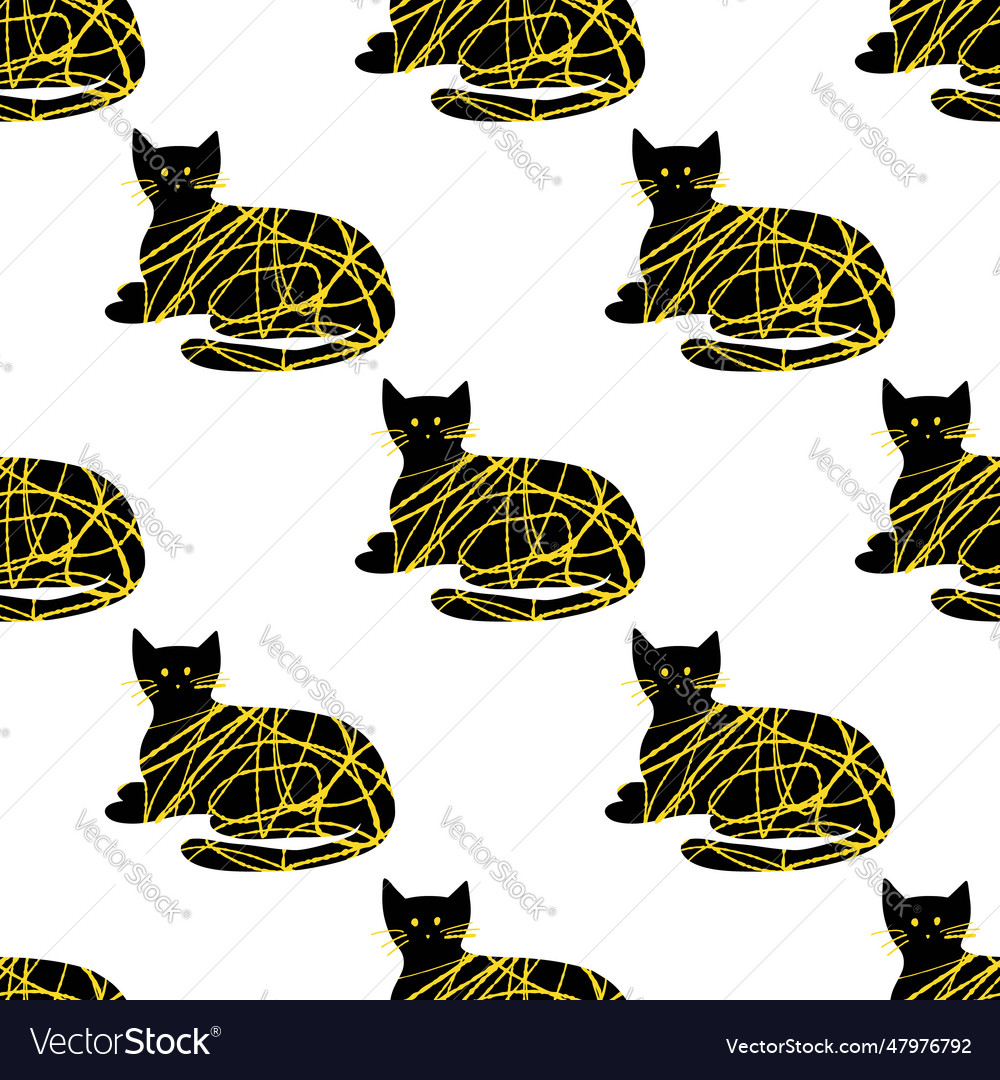 Seamless pattern with textured cute cat