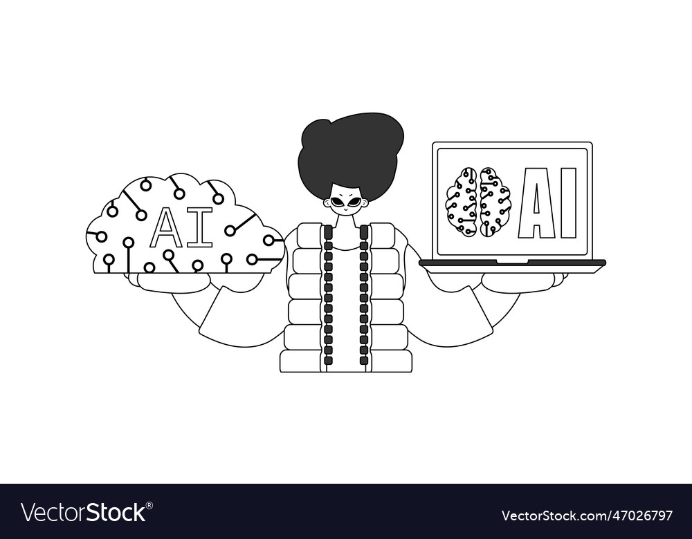 He holds an ai mod in hands linear form vector image He holds an ai mod in hands linear form