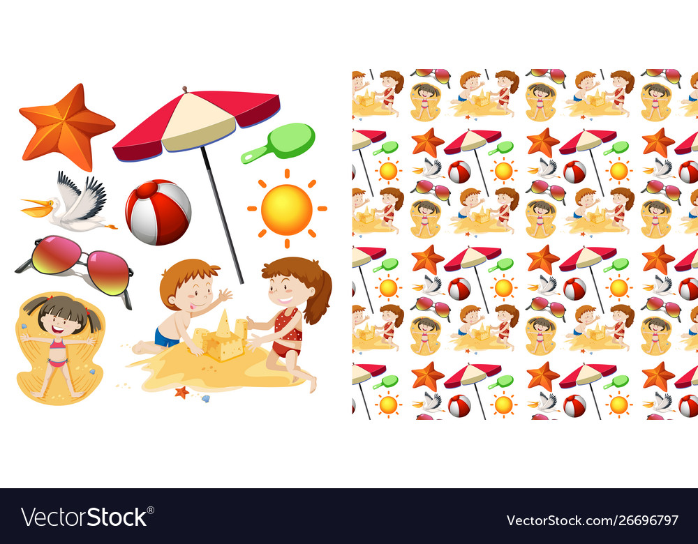 Seamless background design with beach objects vector image Seamless background design with beach objects