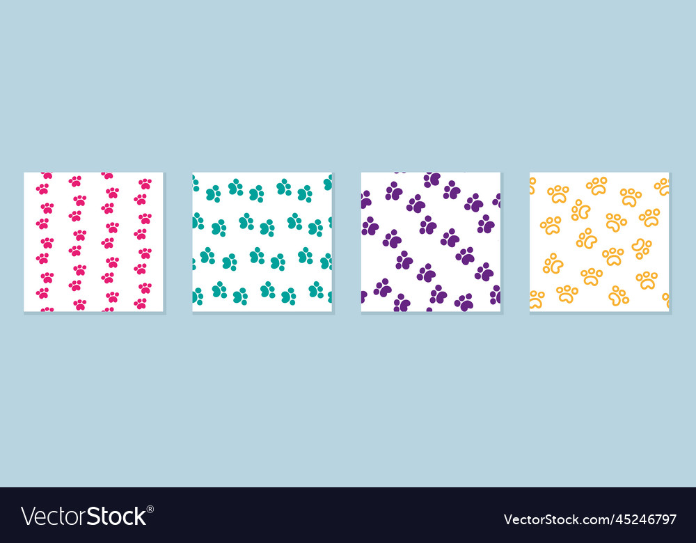 Set of four seamless multicolored cat paw patterns vector image Set of four seamless multicolored cat paw patterns