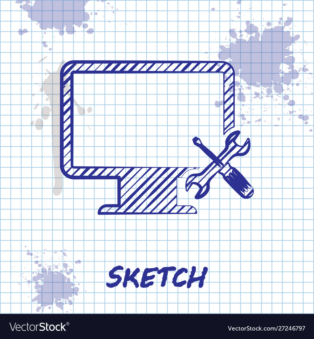 Sketch line computer monitor with screwdriver vector image Sketch line computer monitor with screwdriver