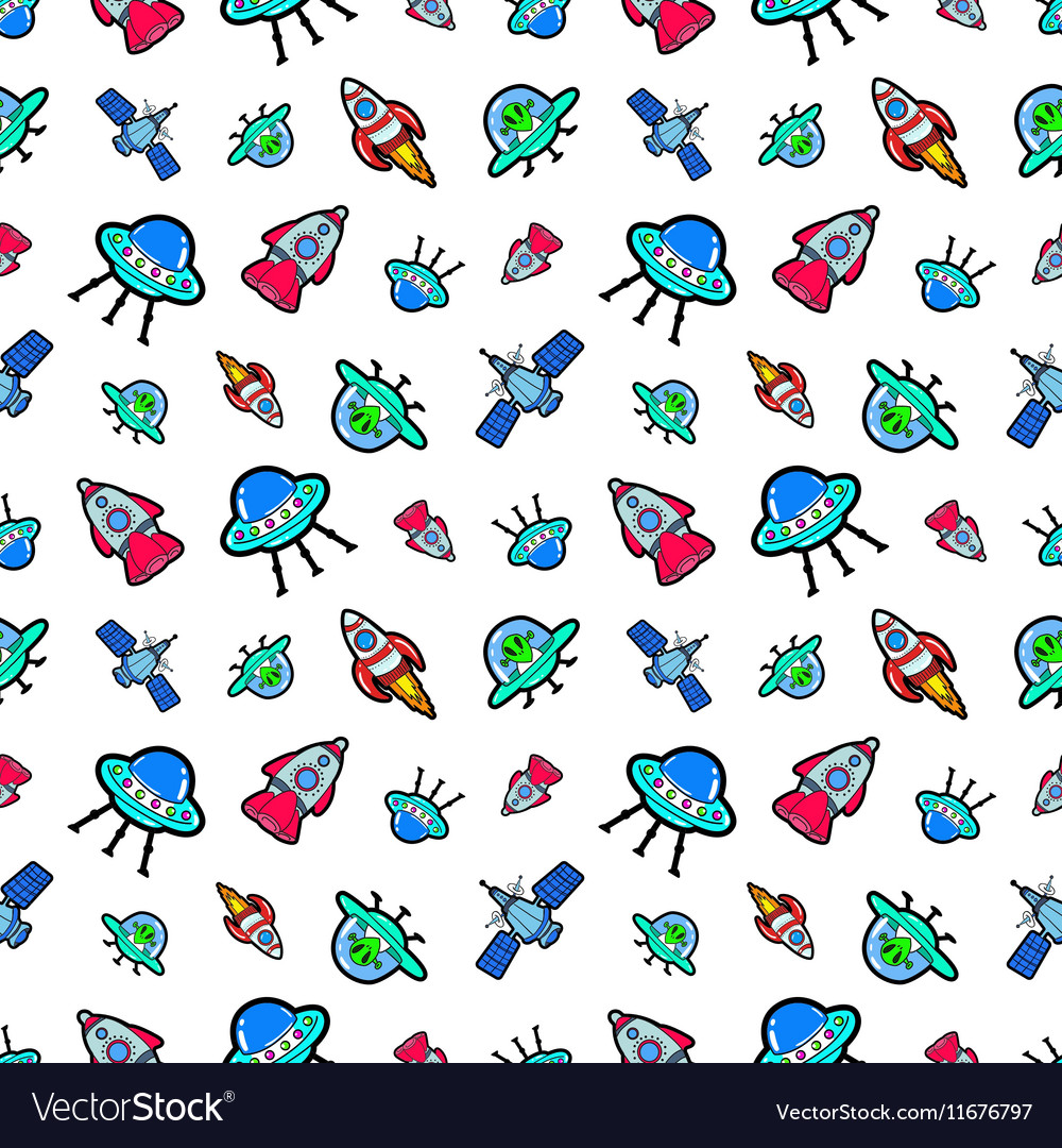 Space ships rocket and satellite seamless pattern