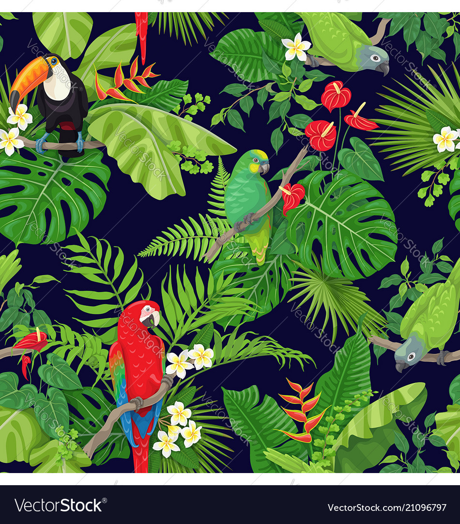 Tropical birds and plants pattern vector image Tropical birds and plants pattern
