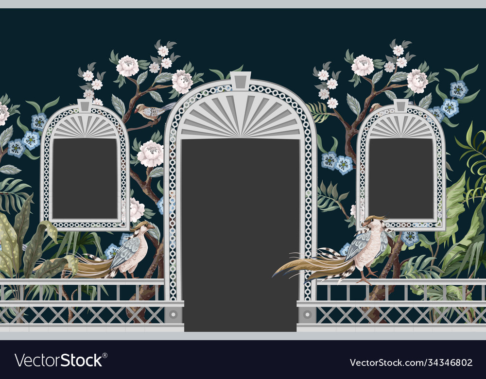 Border with peonyl trees bird and door openings Vector Image Border with peonyl trees bird and door openings