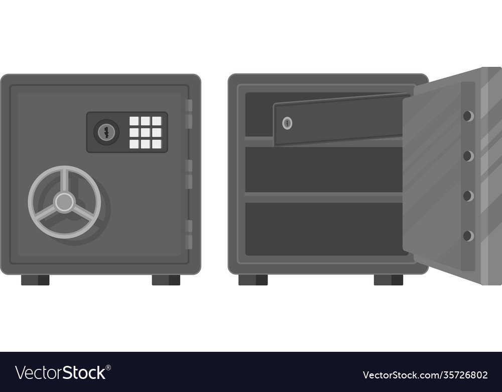 Closed bank safe and empty deposit with open vector image Closed bank safe and empty deposit with open