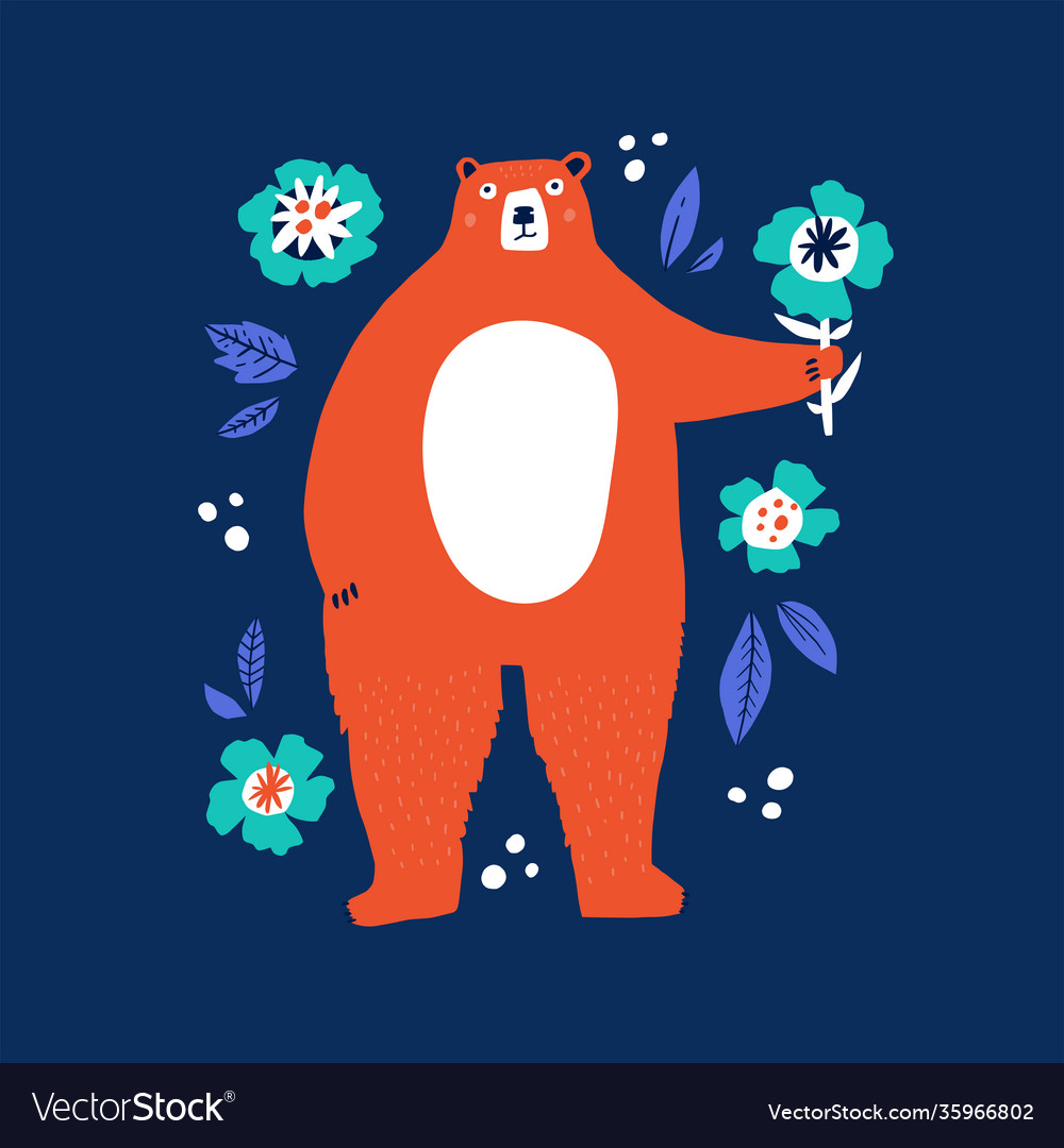 Niedlicher Bär hält Blume flach vector image Niedlicher Bär hält Blume flach