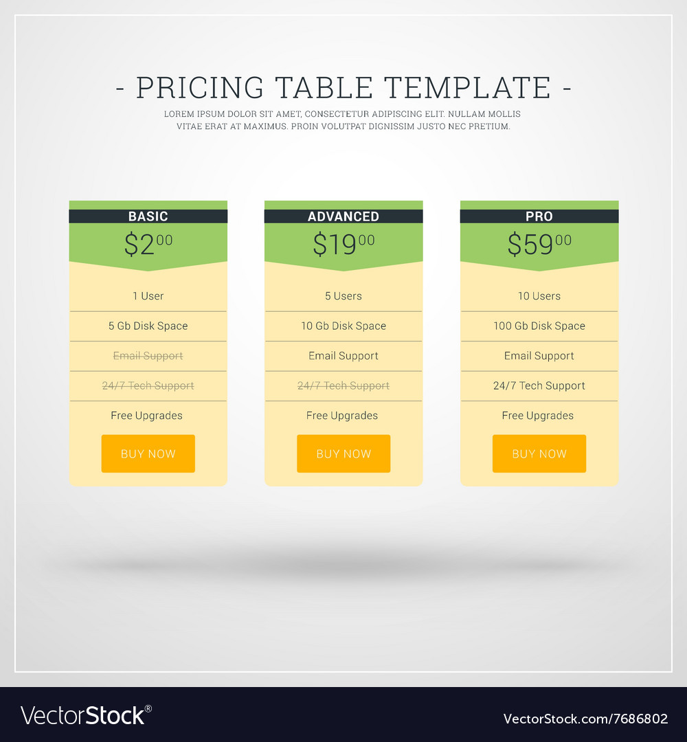 Design template for pricing table websites