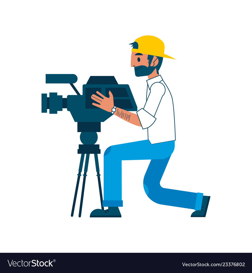 Man video reporter setting camera interview