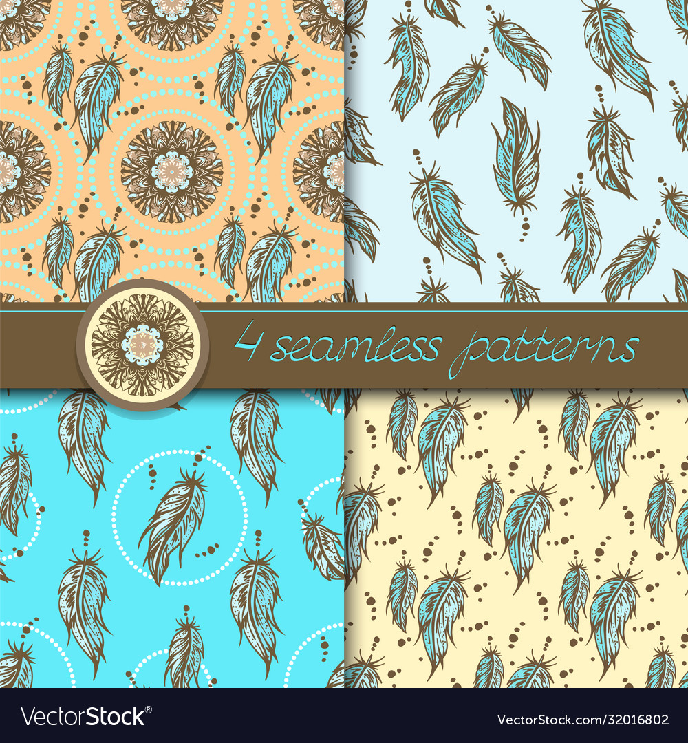 Set four seamless patterns color stylized hand