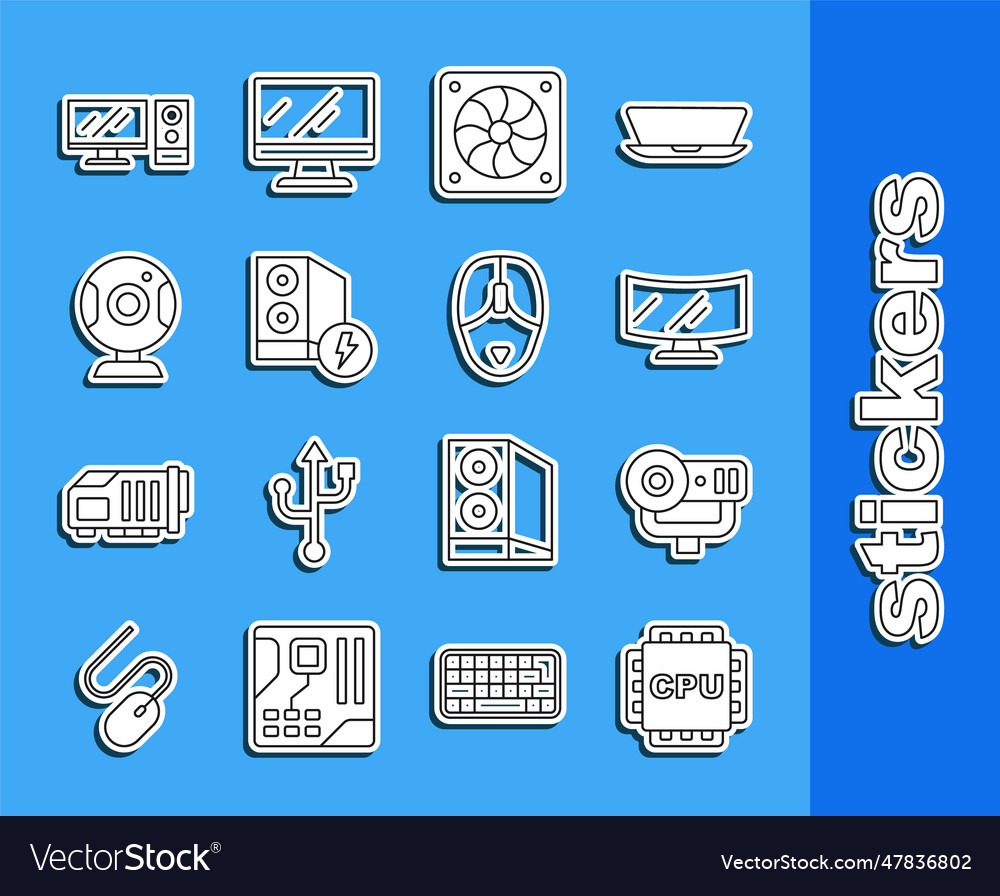 Set line processor with cpu web camera computer vector image Set line processor with cpu web camera computer