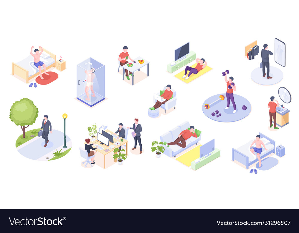 Man daily life activity home and office isometric Vector Image