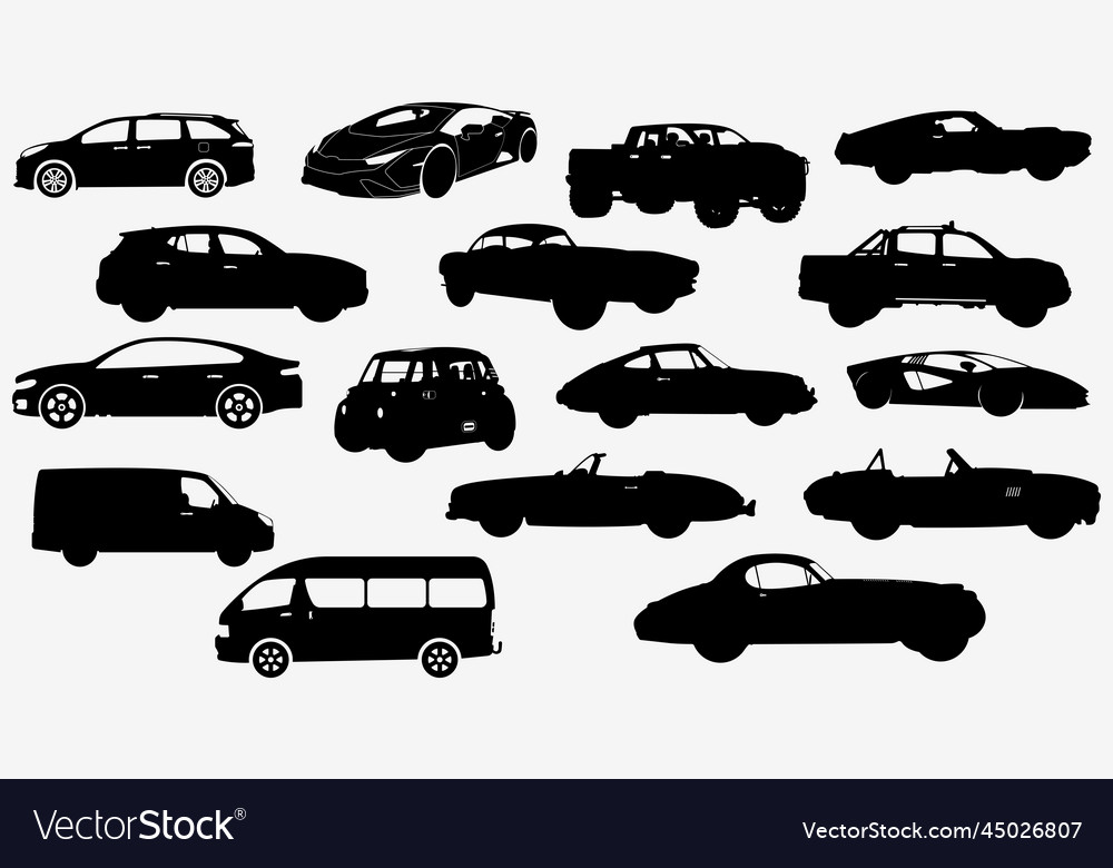 Set von sechzehn Autos Fahrzeuge Silhouetten