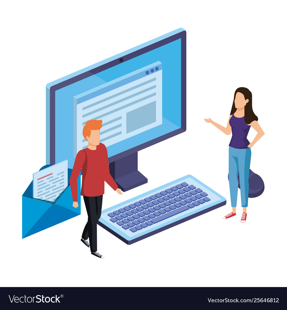 Couple with computer desktop and envelope Vector Image Couple with computer desktop and envelope