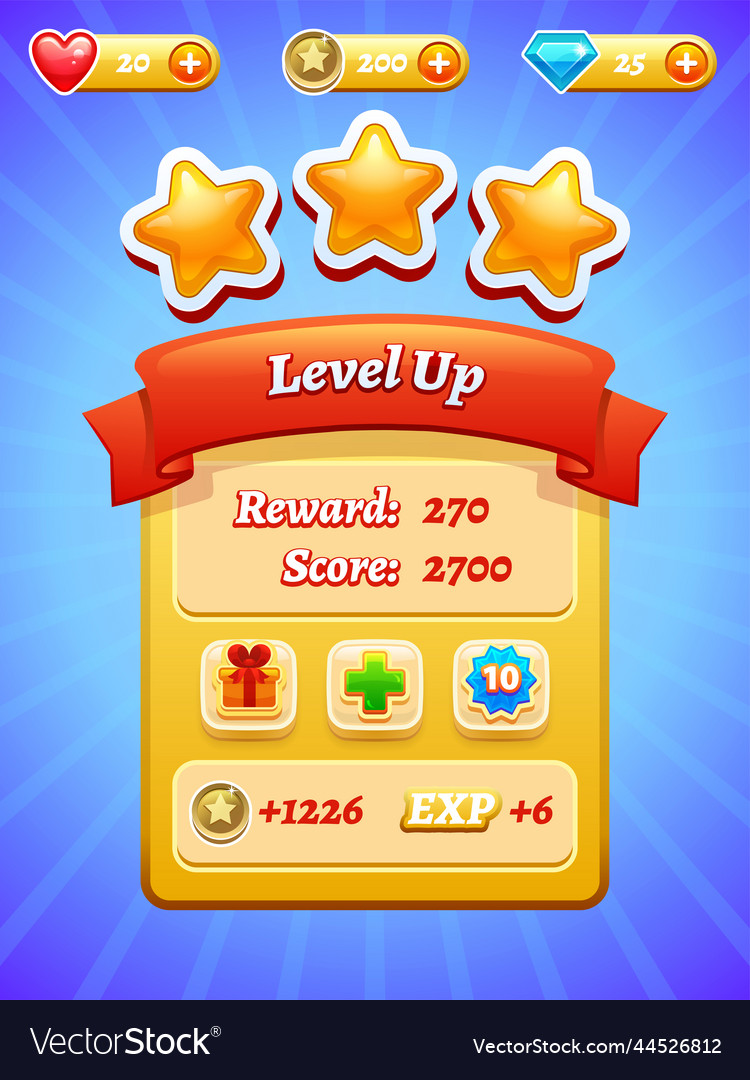 Game ui interface design stars level up mobile