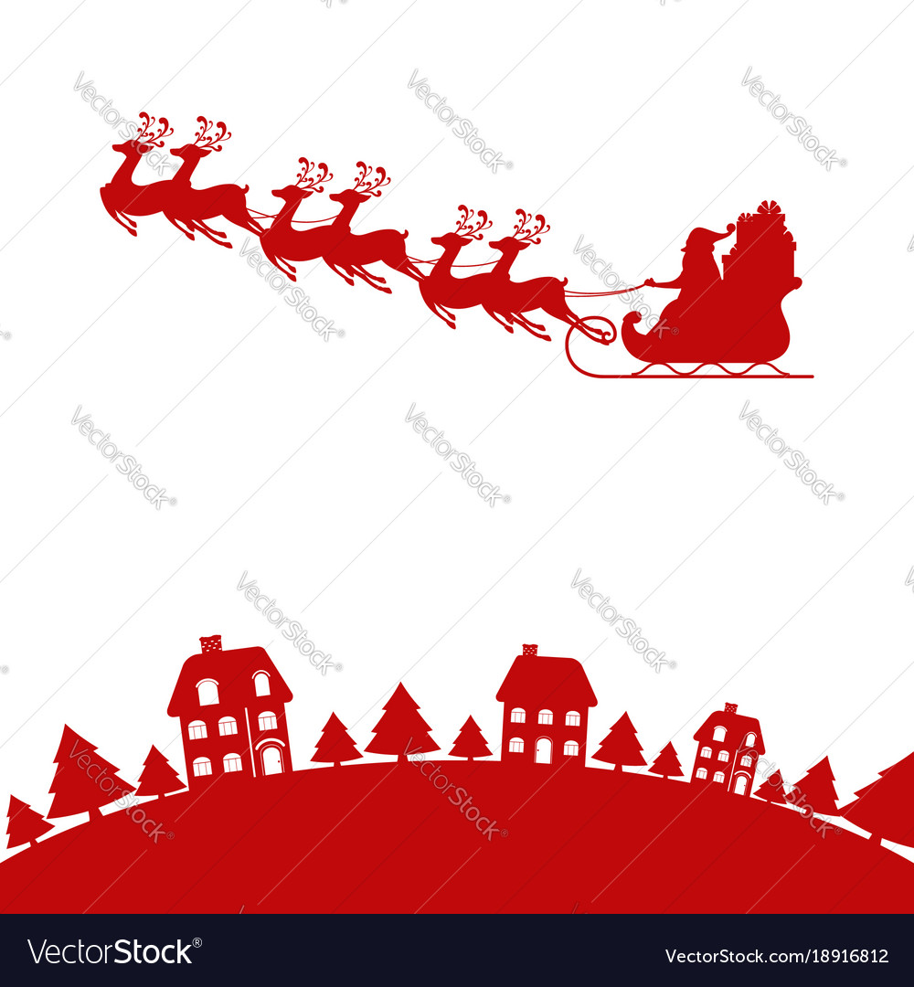 Red silhouette santa claus flying with reindeer