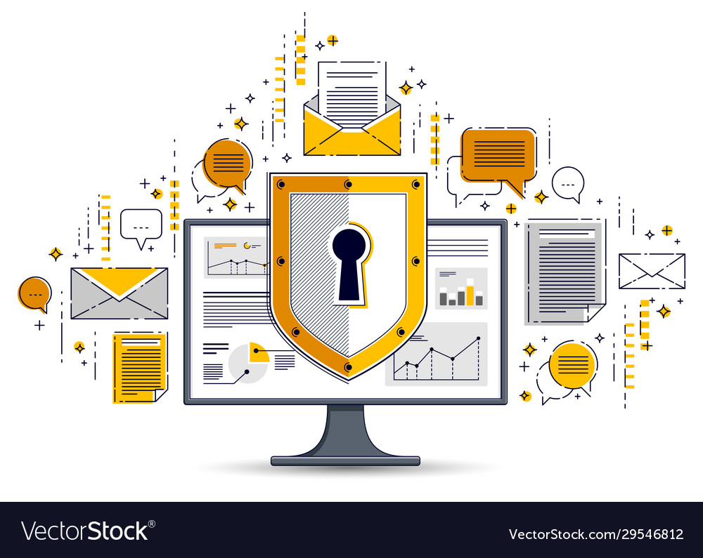 Shield over computer monitor and set icons vector image Shield over computer monitor and set icons