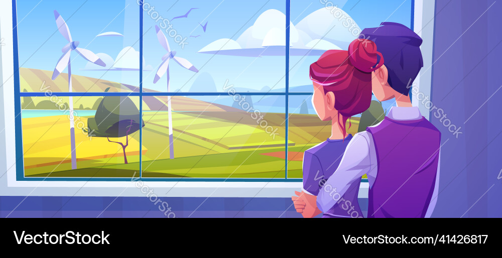 Couple looking at window at wind turbines Vector Image