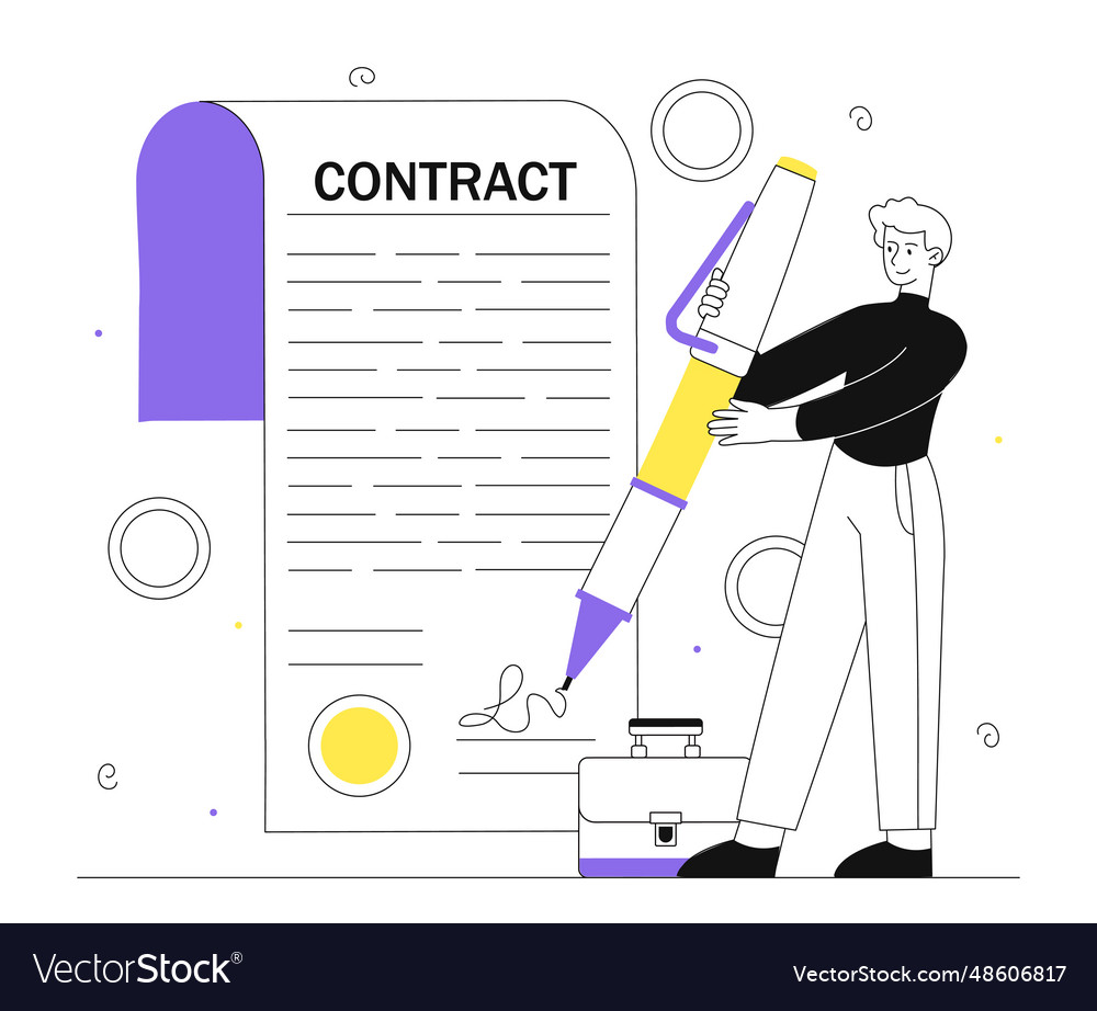 Man signing contract line concept vector image Man signing contract line concept