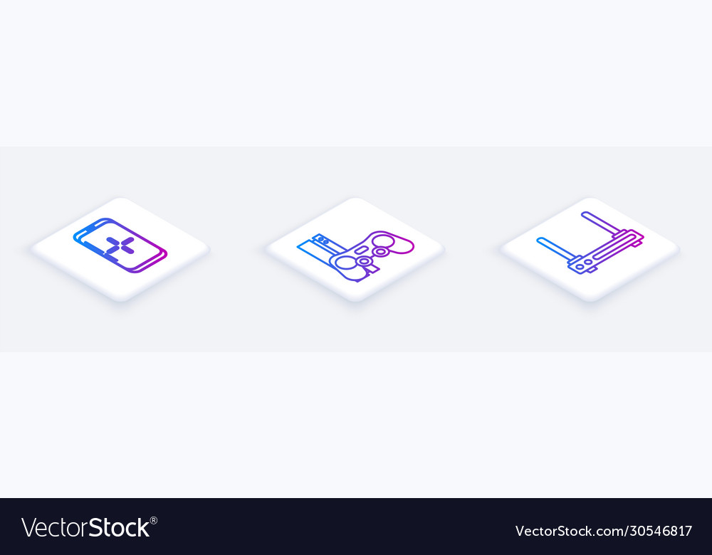 Set isometric line smartphone and playing in game
