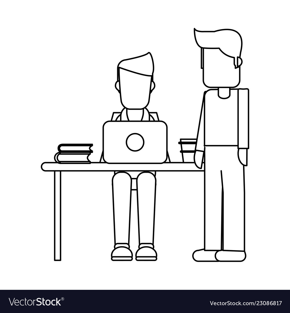 Working with computer avatar black and white vector image Working with computer avatar black and white