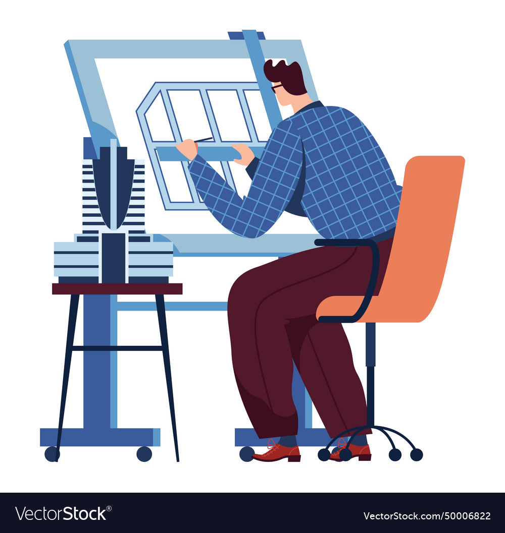 Male architect working at drafting table Vector Image