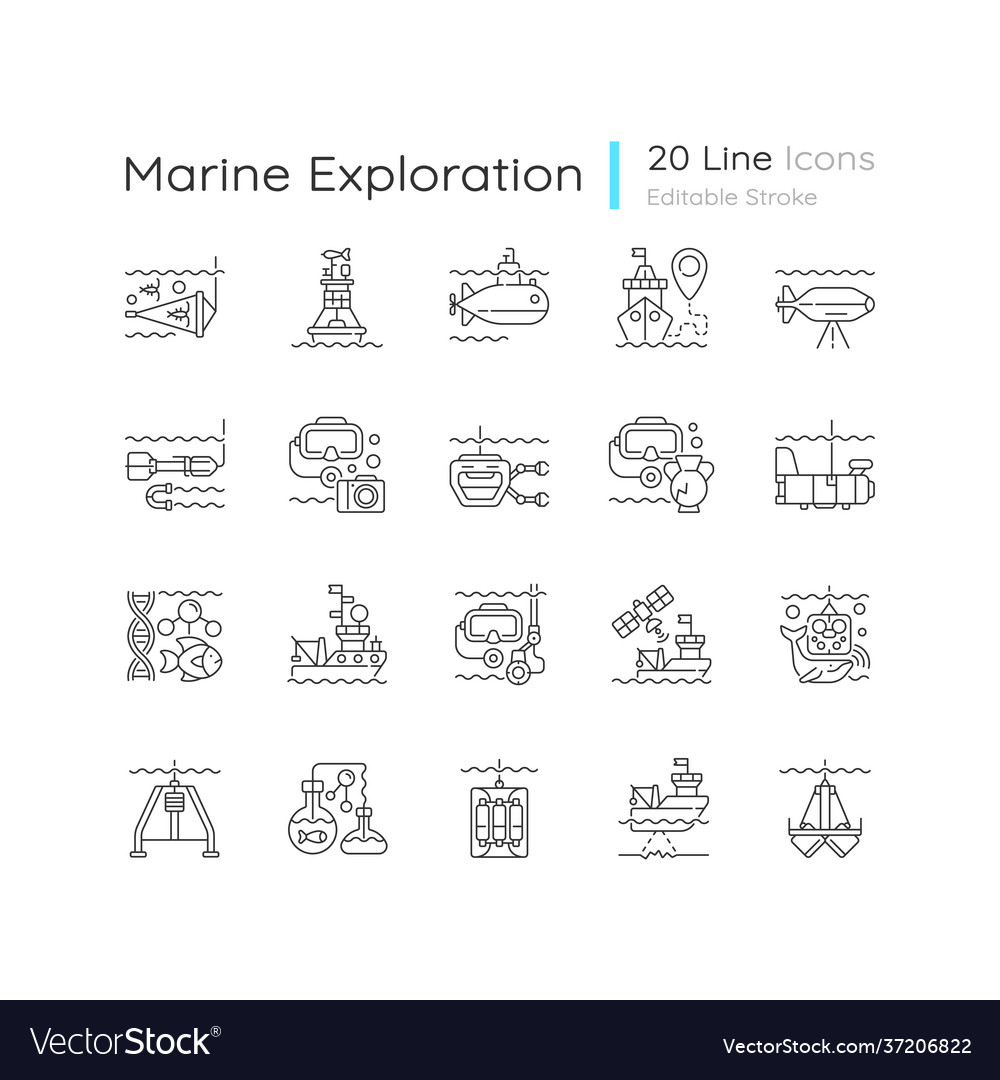 Marine exploration linear icons set