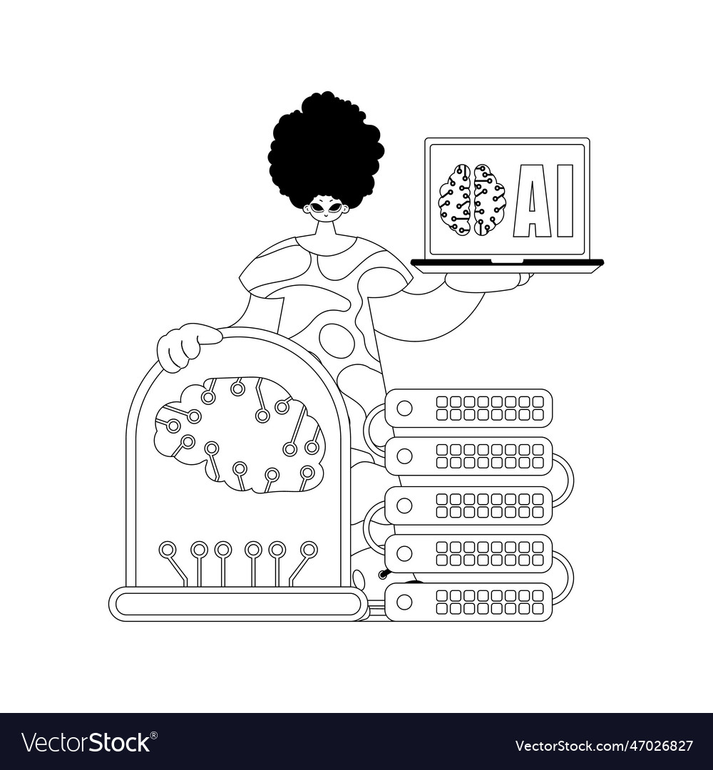 Ai dude and server in a linear style with an vector image Ai dude and server in a linear style with an