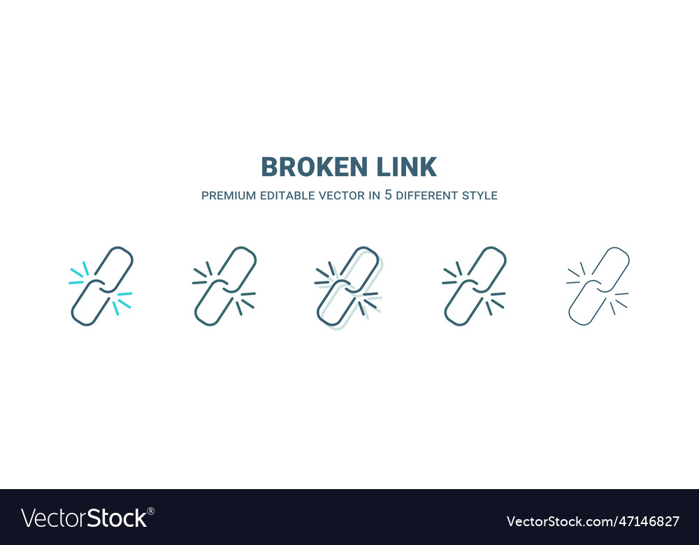 Broken link icon in 5 different style outline vector image Broken link icon in 5 different style outline