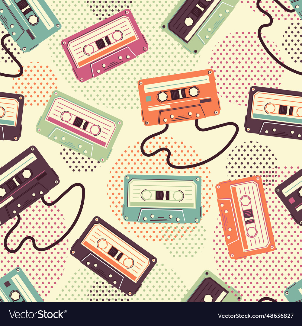 Cassette tape seamless pattern in retro style