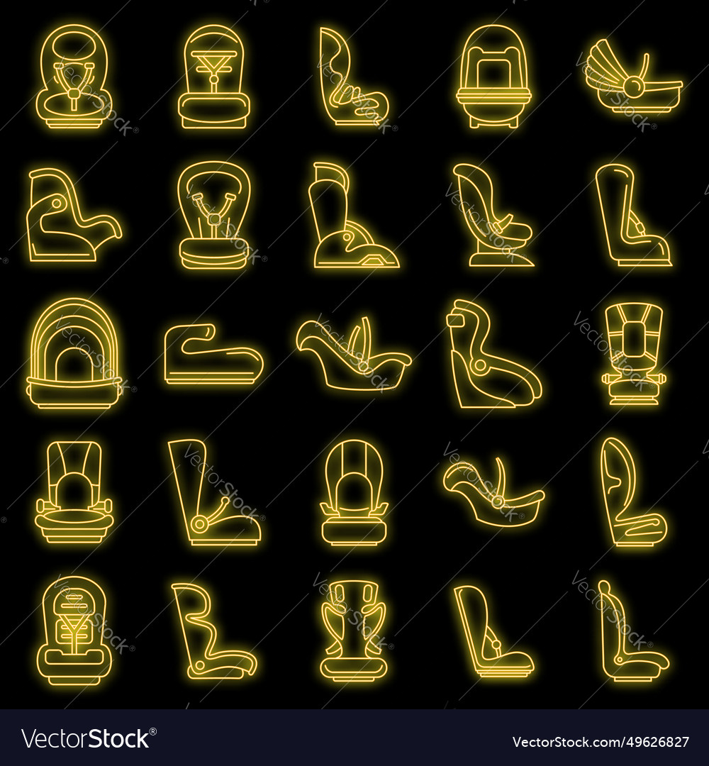 Modern baby car seat icons set neon Royalty Free Vector