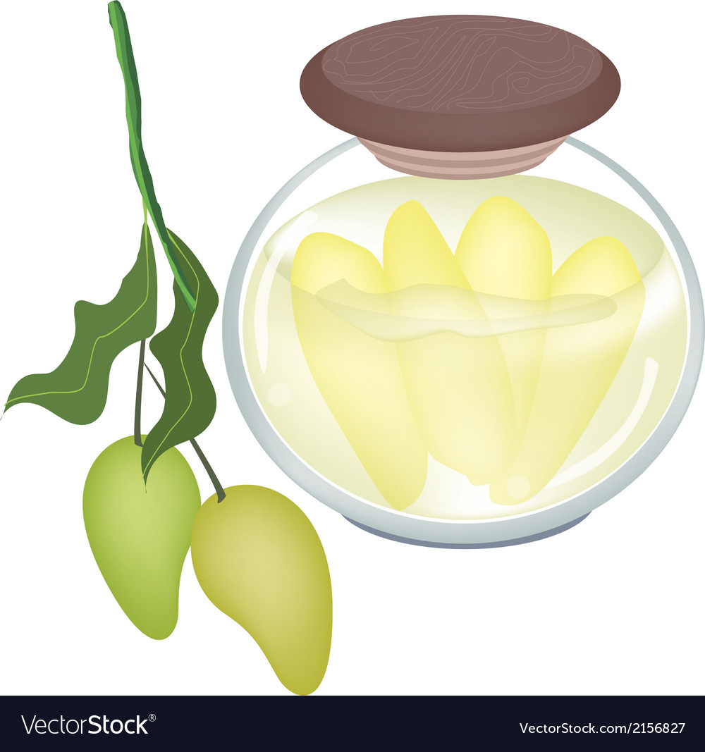 Preserved mangoes in a jar on white background