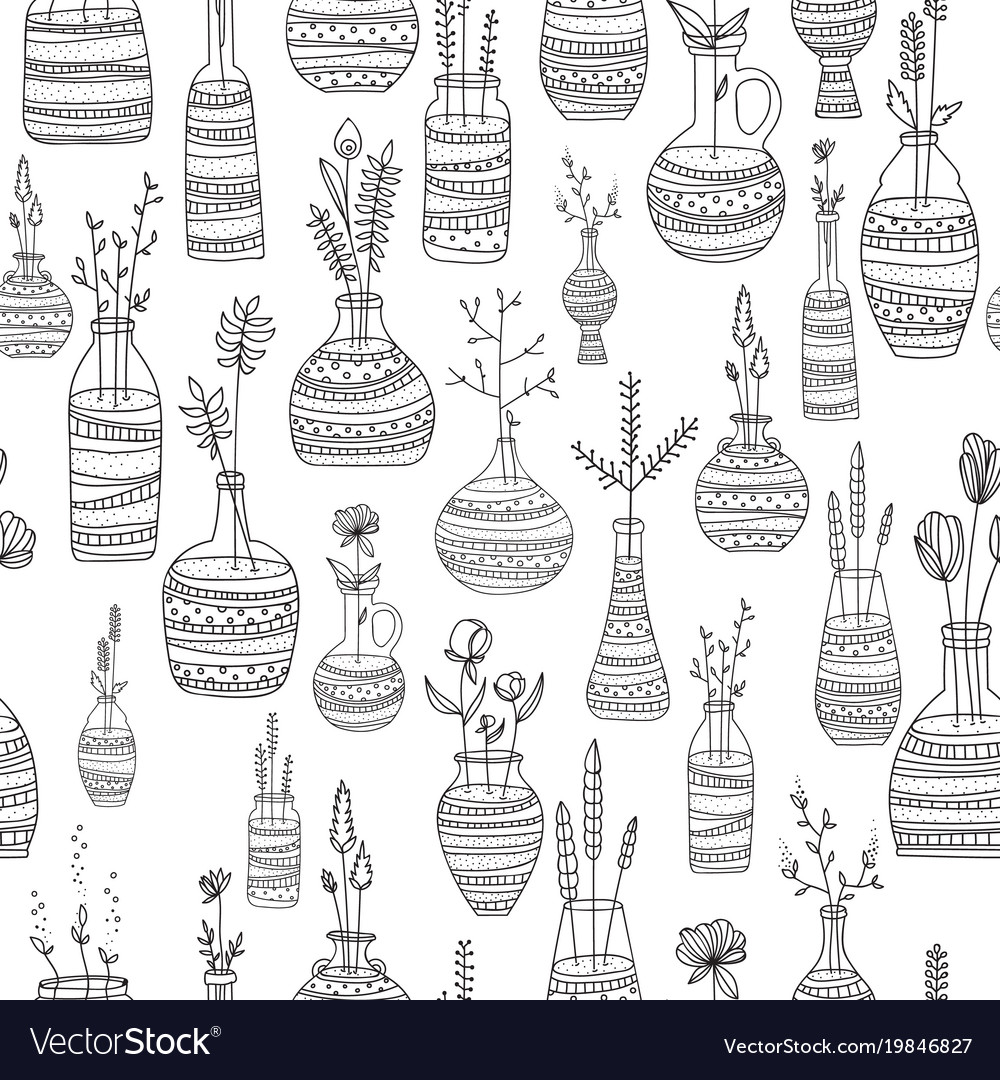 Seamless repeating pattern of vases with ornaments