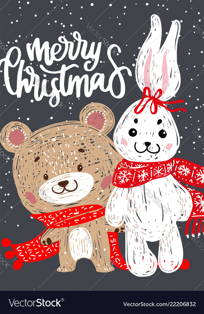 Christmas poster with bunny and bear vector image Christmas poster with bunny and bear