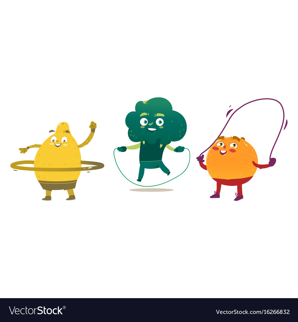 Lemon orange and broccoli doing sport exercises