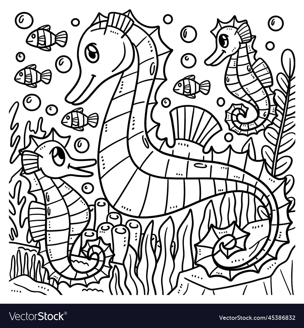 Mother seahorse and baby coloring page Royalty Free Vector