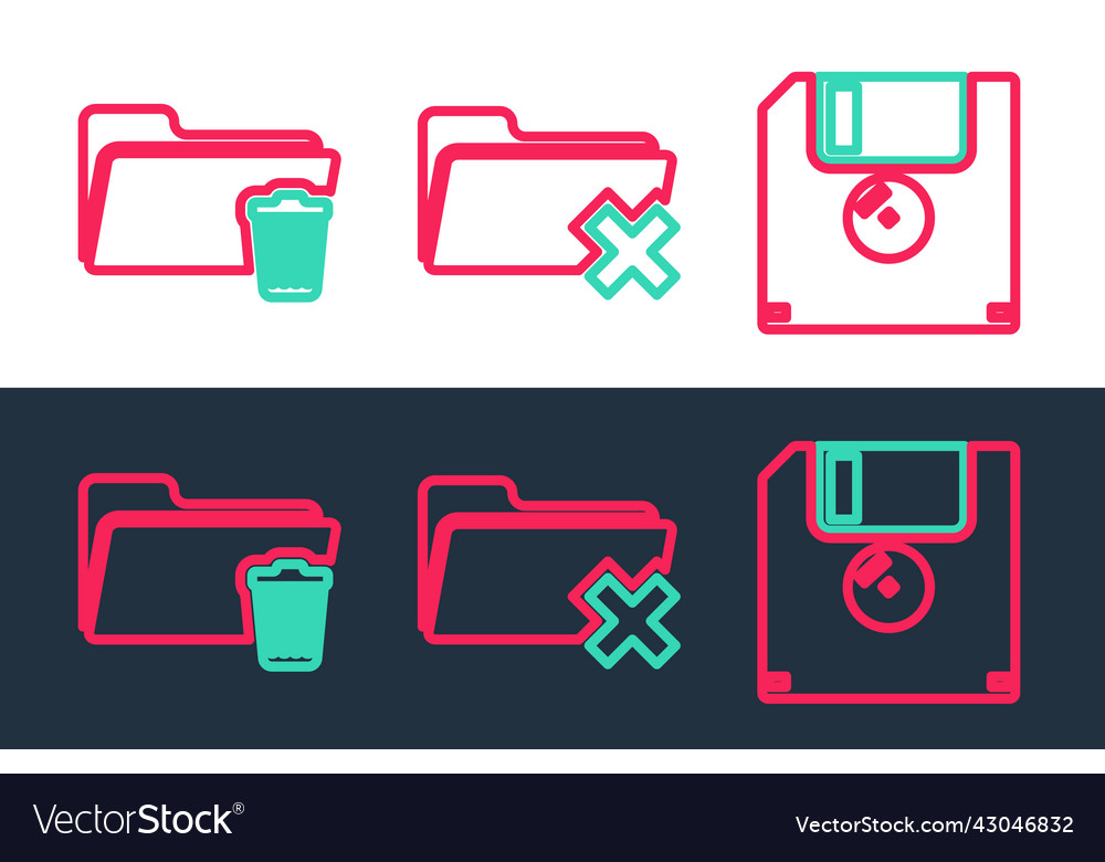 Set line floppy disk delete folder and icon vector image Set line floppy disk delete folder and icon