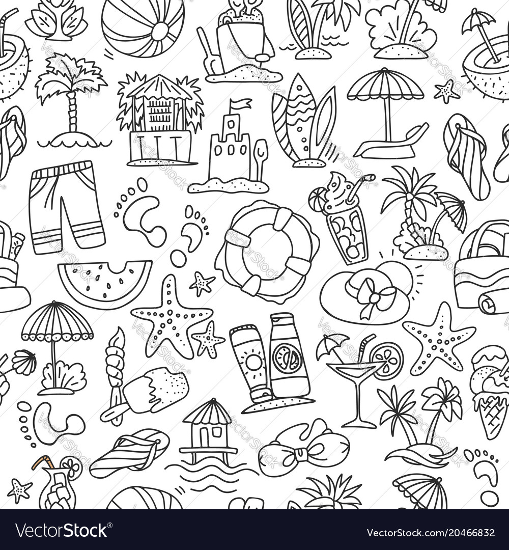 Summer travel and beach sketch seamless pattern Vector Image