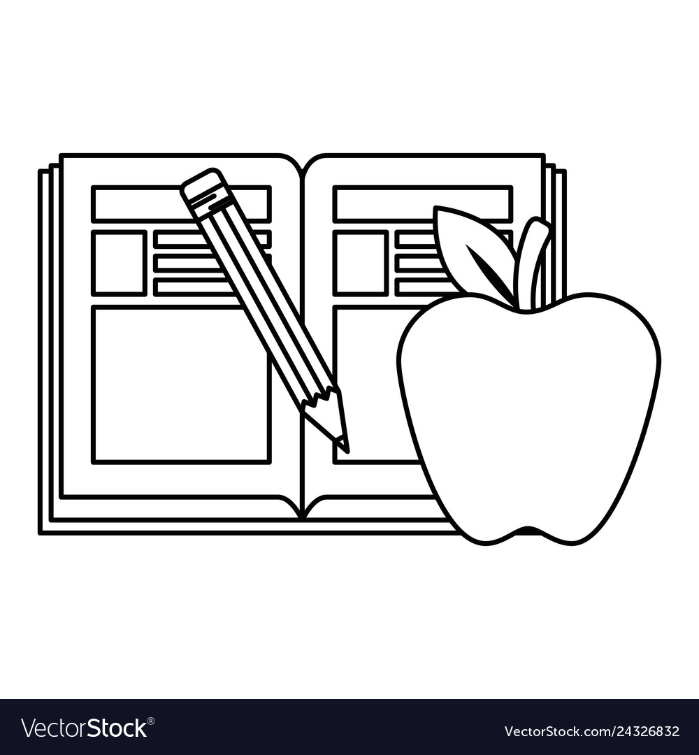 Text book with pencil and apple