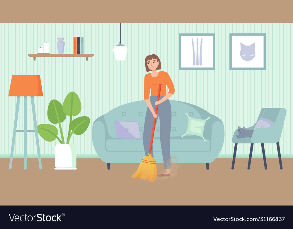 Girl sweeping floor home chores household duties Vector Image