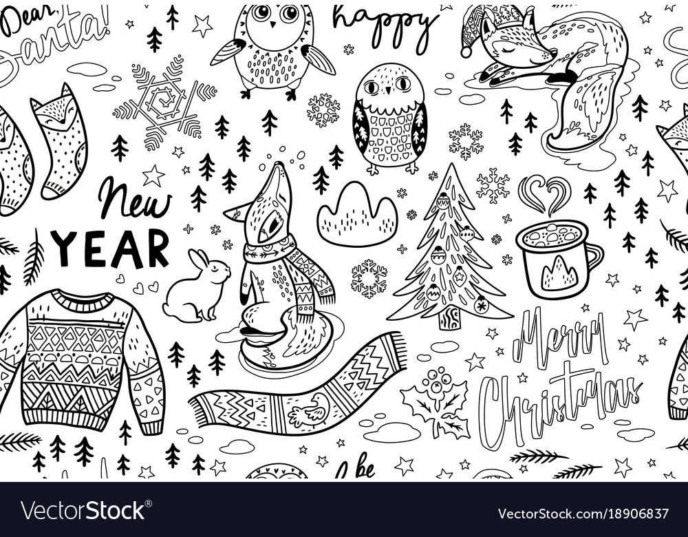 Ink seamless pattern with winter objects