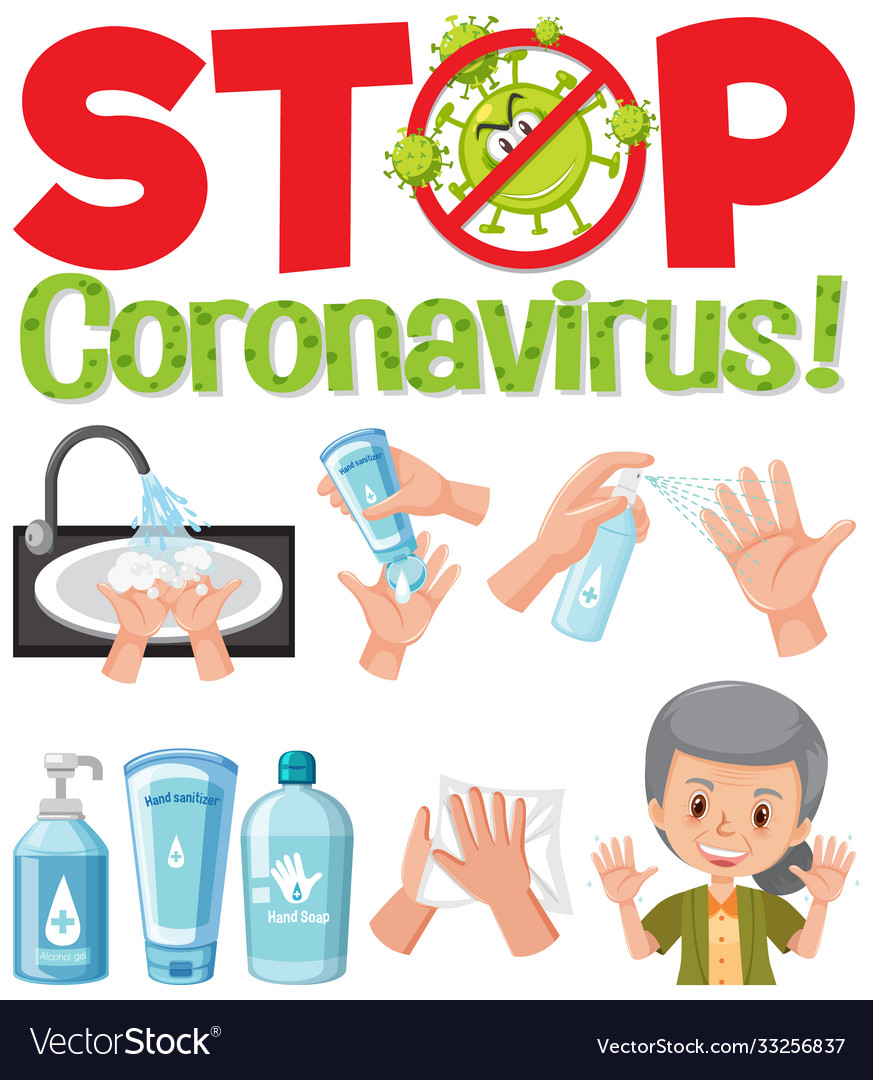 Stop coronavirus logo with hand using sanitizer