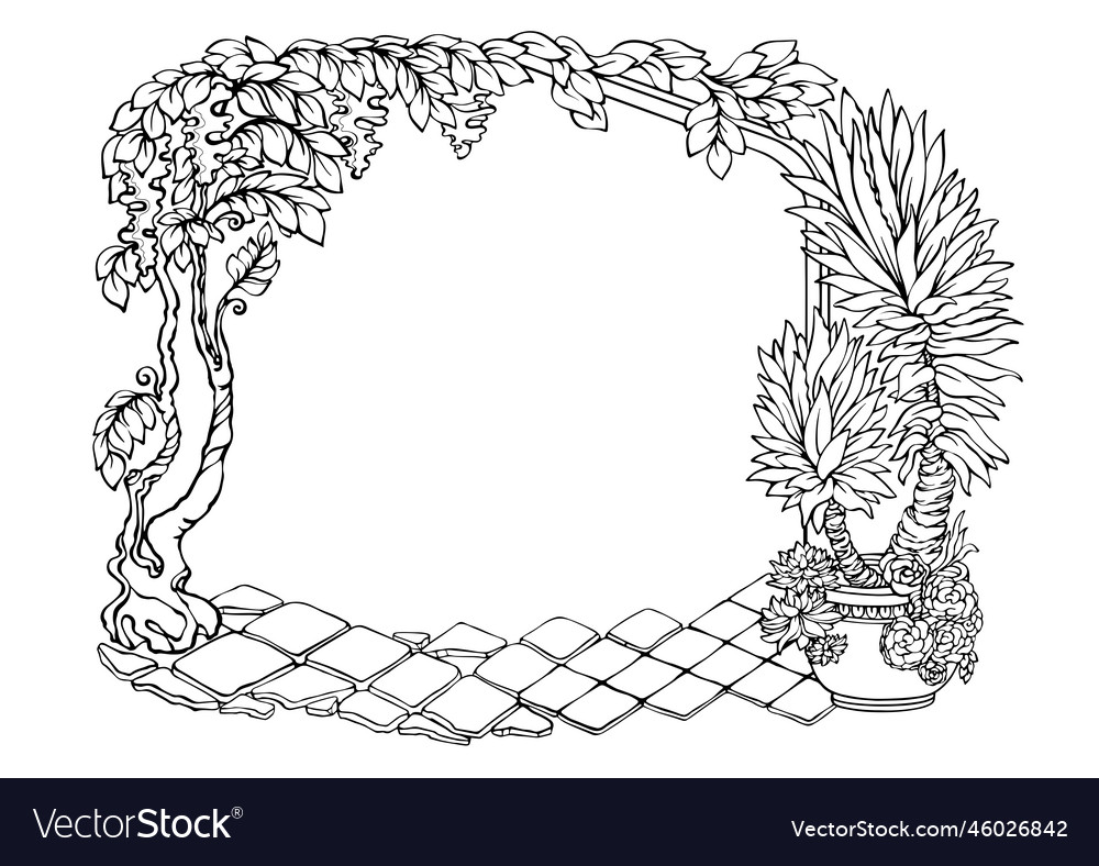 Botanical border with tropical plants outline