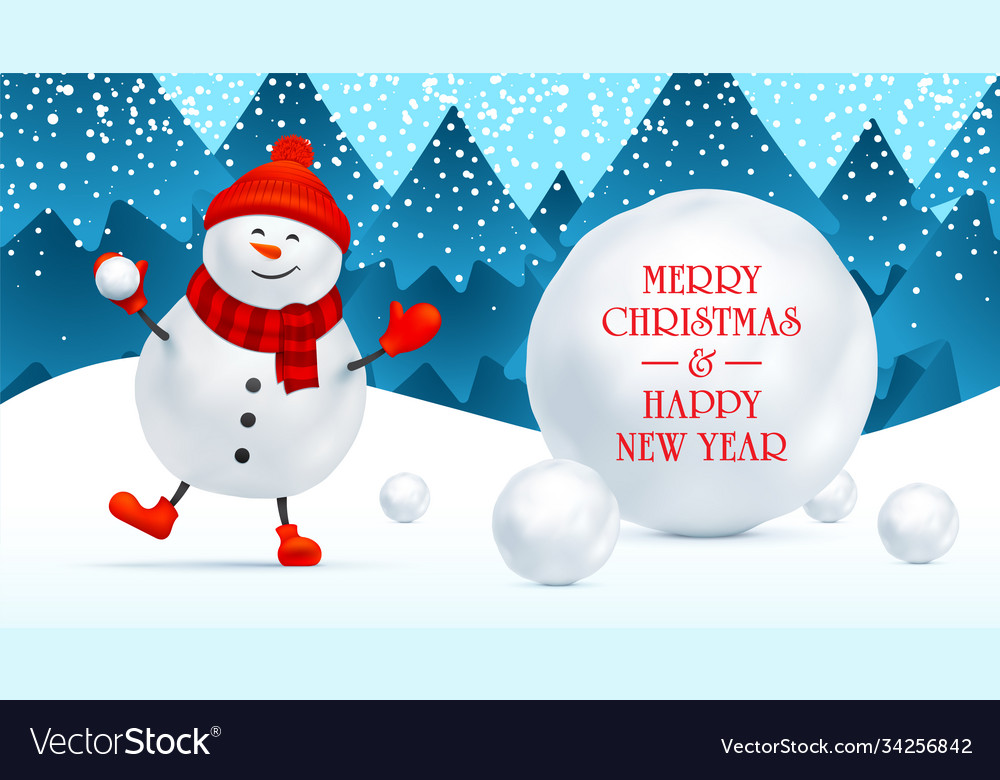 Christmas Card With Snowman And Snowballs Vector Image 7270