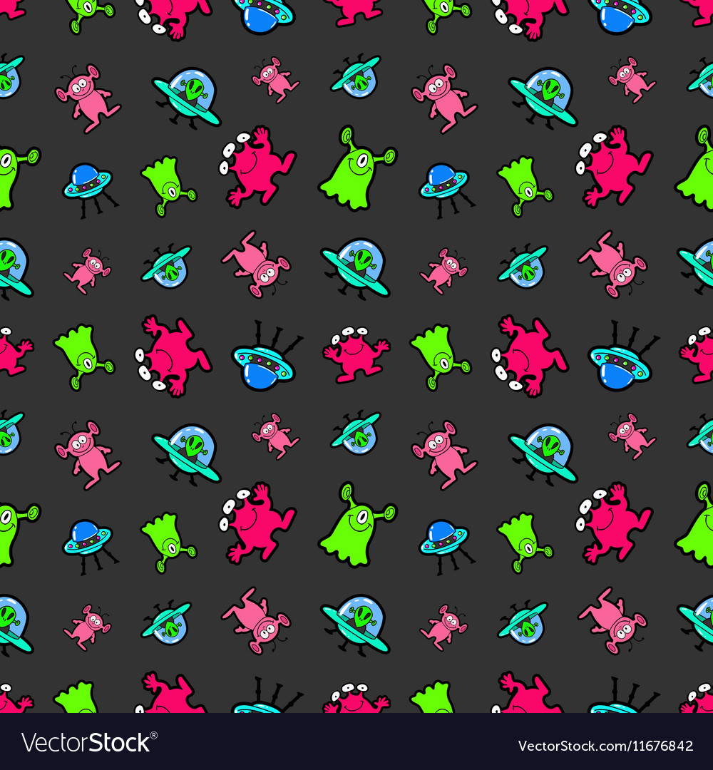 Funny aliens and ufo spaceships seamless pattern