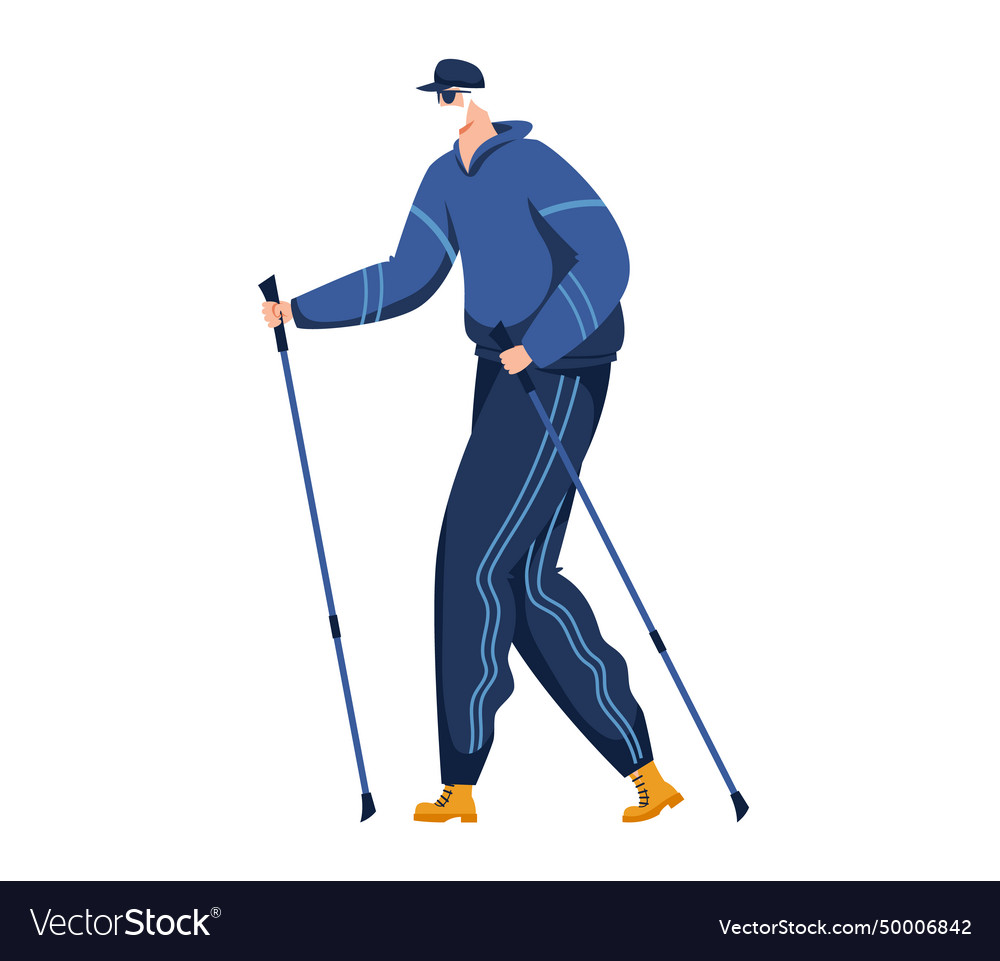 Man in blue tracksuit using nordic walking sticks Vector Image