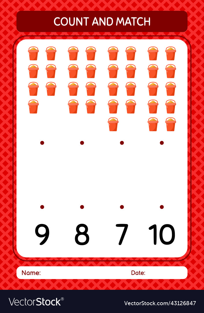 Count and match game with sand bucket worksheet
