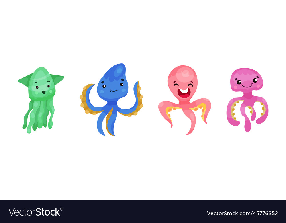 Adorable jellyfish and squid characters isolated vector image Adorable jellyfish and squid characters isolated