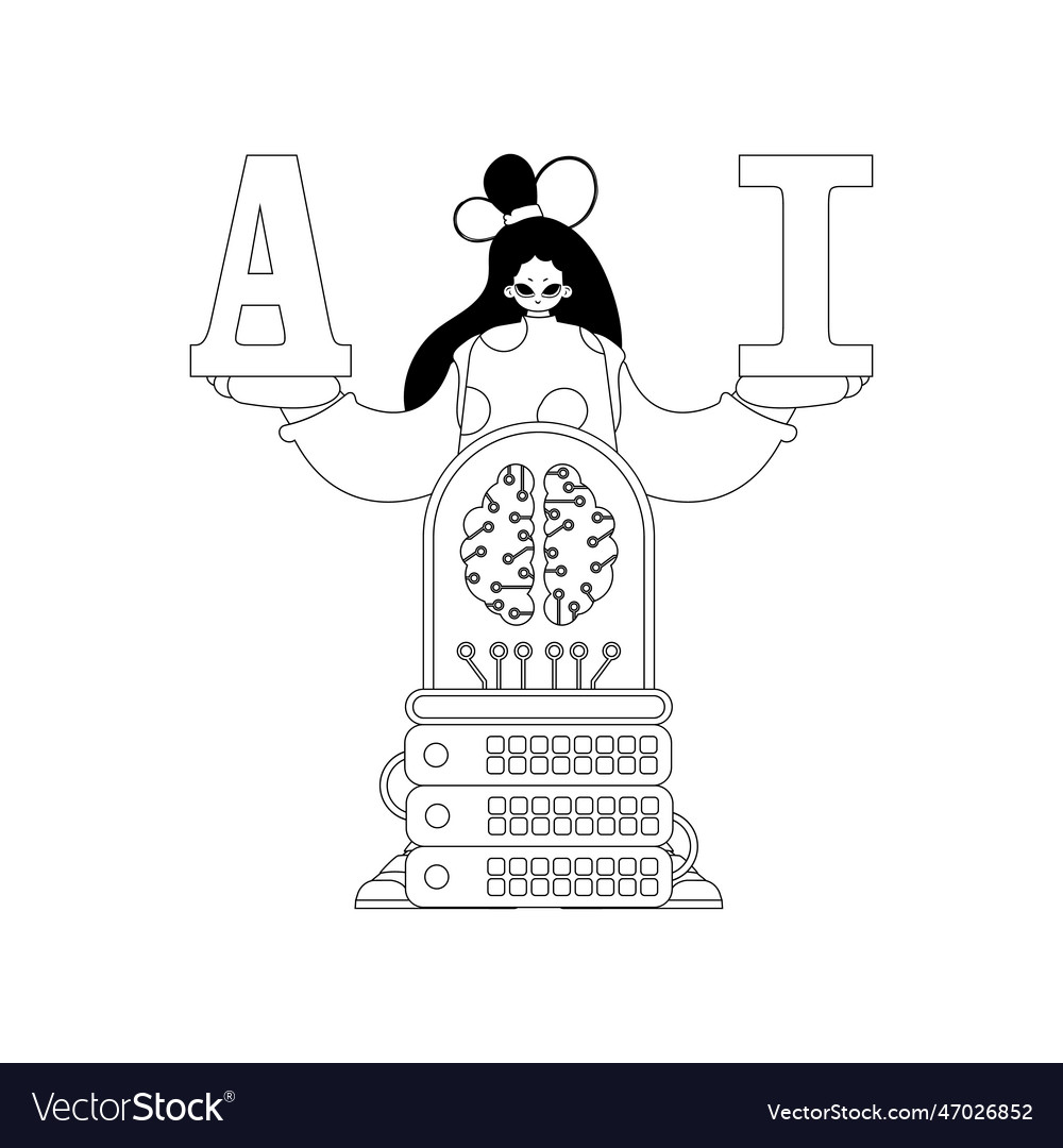 Girl and ai server in linear style powered