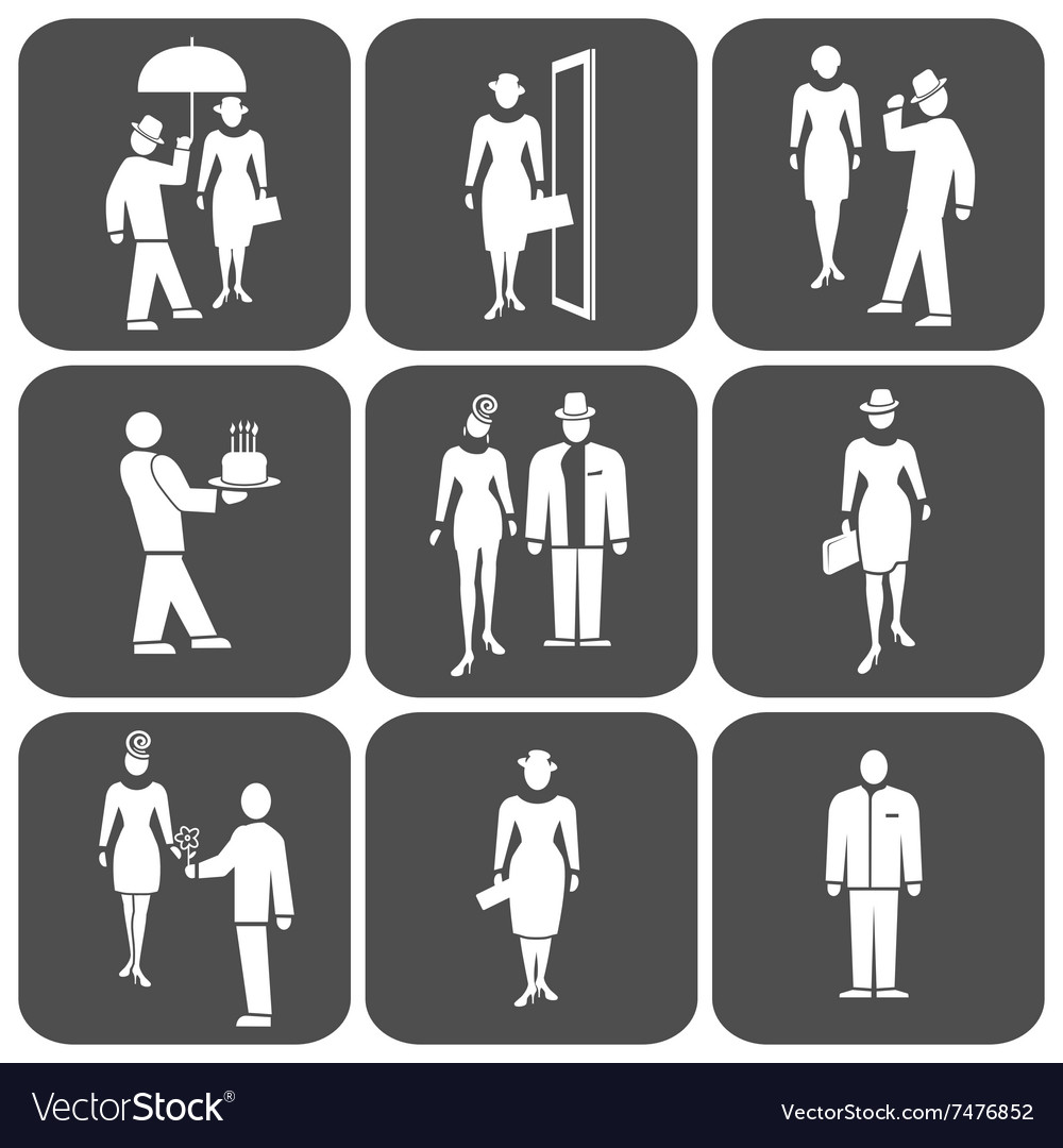 People icon set standing woman man waiter