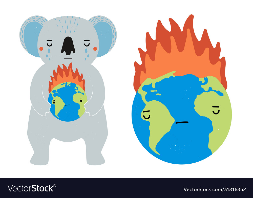 Sad koala animal with blue earth globe on fire Vector Image Sad koala animal with blue earth globe on fire Vector Image